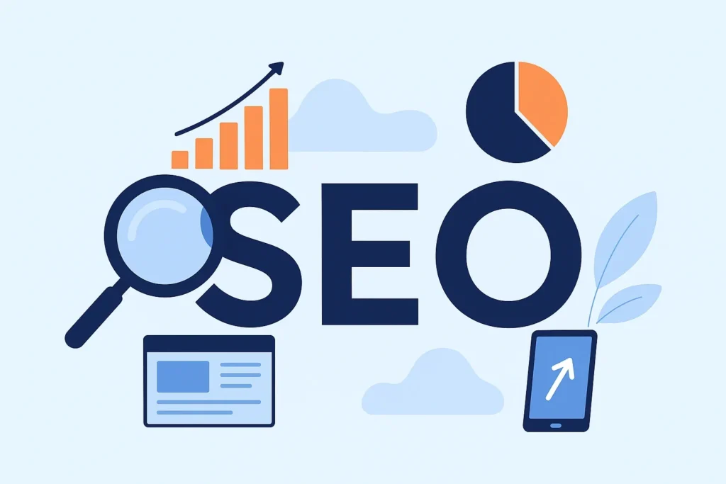 An infographic image showing the word SEO, focused on SEO for beginners on my website
