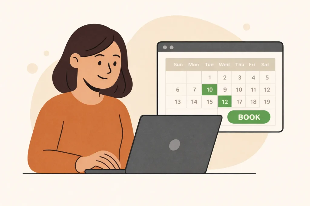 image of af lady writting on a computer with online booking