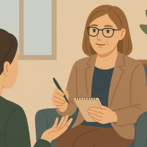 psykolog melanie werner mud der har en samtale med en klient. man kan finde hende på hendes hjemmeside der er lavet i wordpress