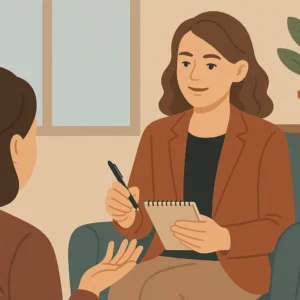 psykoterapeut katrine lindbjerg hun har en samtale med en klinet. du finder hende på hendes wordpress hjemmeside katrinelindbjerg.dk