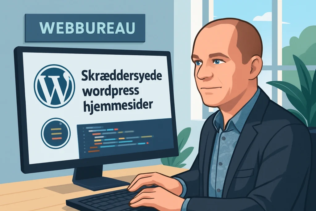 et grafisk billede af Mikkel lindbjerg der sidder og koder en wordpress hjemmeside