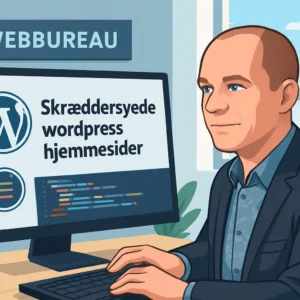 et grafisk billede af Mikkel lindbjerg der sidder og koder en wordpress hjemmeside