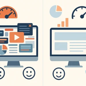 illustration af webspeed og pagespeed på en hjemmeside hostet på et webhotel, der er 2 skærme den ene viser hjemmesiden og den anden hastighed på en hjemmeside