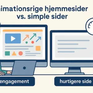 dette er et billede af en mand ved 2 pc skærme hvor det illustrere optimering af hjemmeside ved at den ene skærm har mange animationer og den anden ikke har
