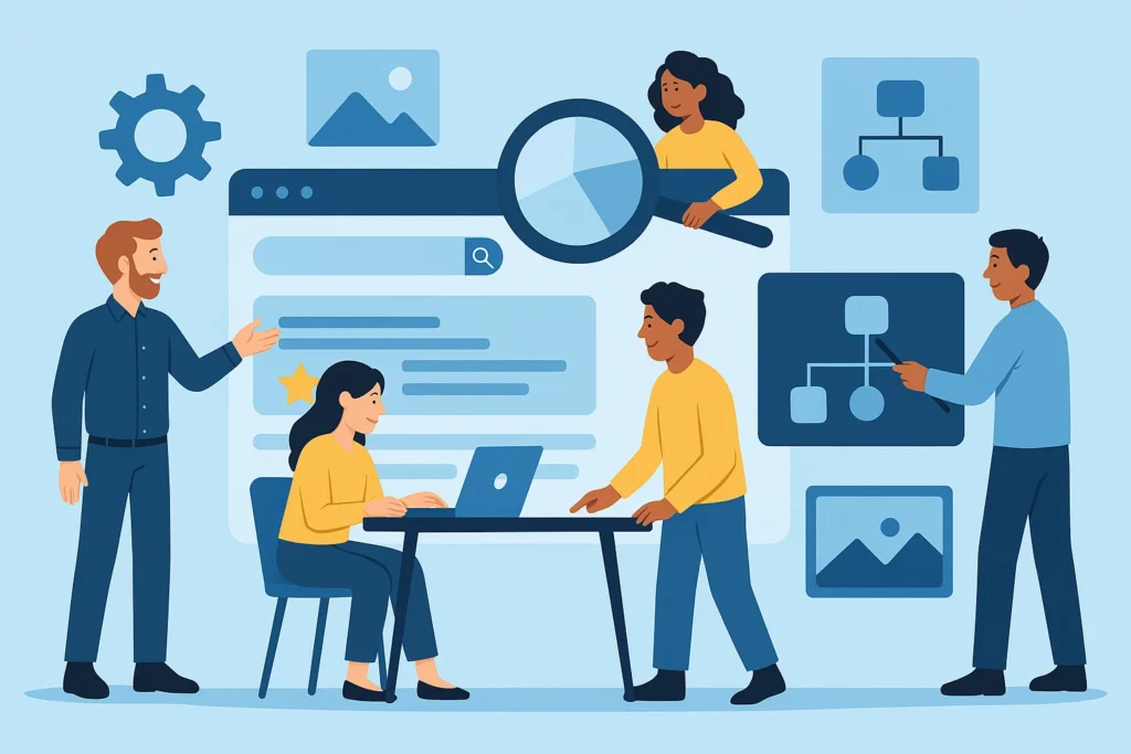An infographic illustration showing a few people working together to visualize SEO, and website performance with icons for search, charts, and online visibility