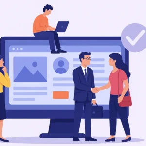 billede der er tegnet som infografisk billede med mennesker omkring en pc skærm med en Professionel hjemmeside inde på skærmen.