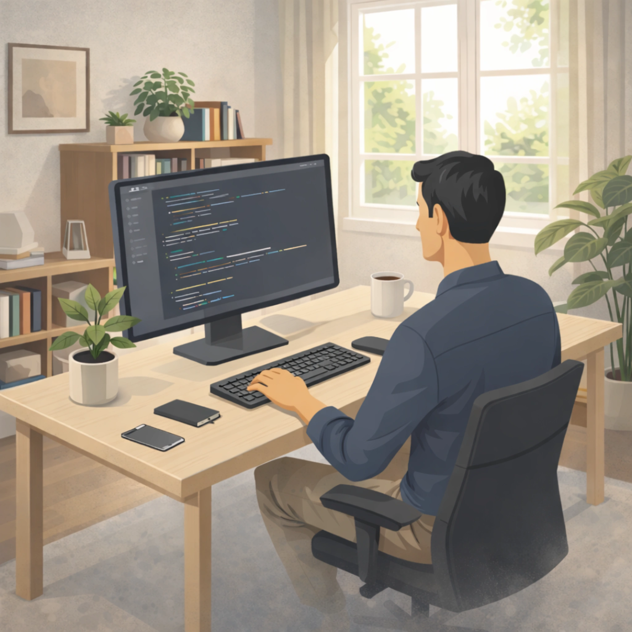 Freelance web developer working at a desk in a calm home office with an external monitor and keyboard