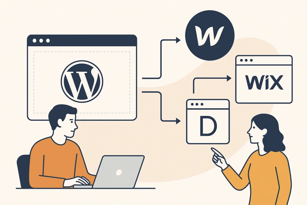 image of 2 persons and illustrations of wordpress cms web development