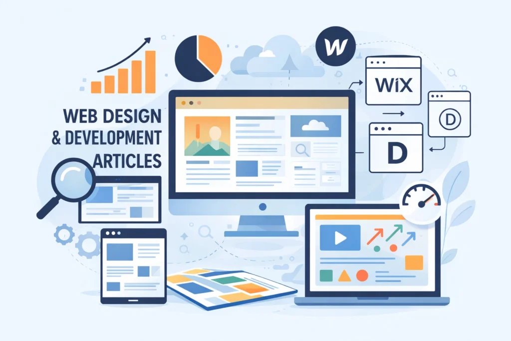 Illustration showing web design and development concepts with a WordPress website, responsive layouts, performance charts, and modern website structure across desktop, tablet, and mobile devices.