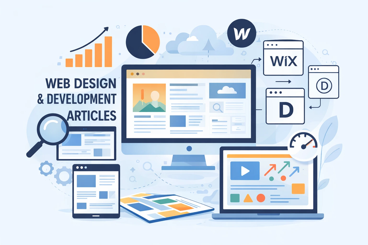 Illustration showing web design and development concepts with a WordPress website, responsive layouts, performance charts, and modern website structure across desktop, tablet, and mobile devices.