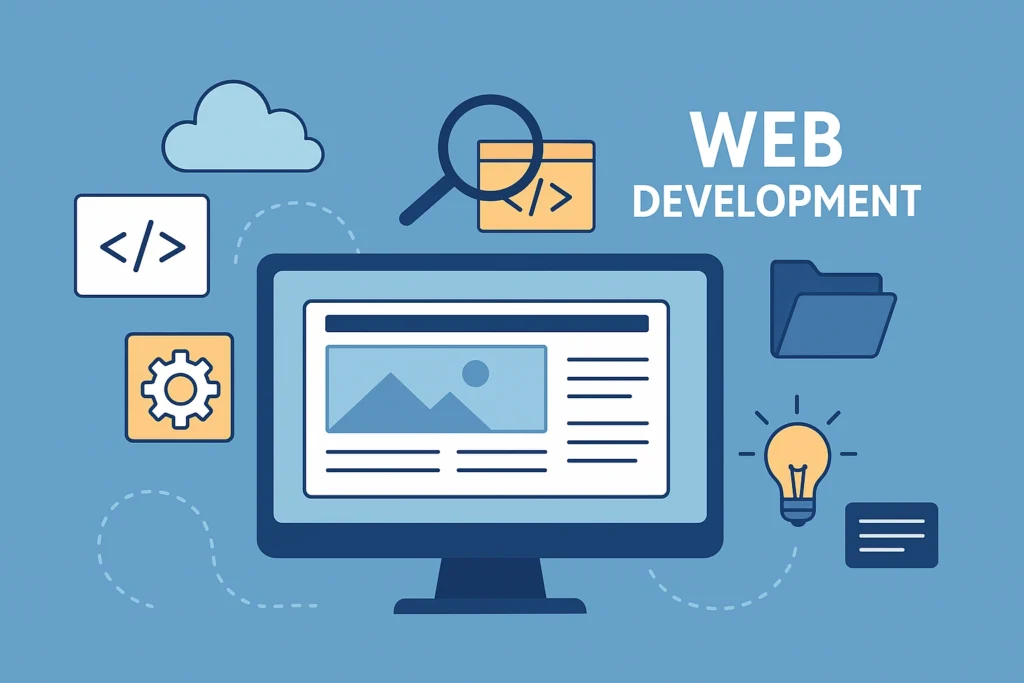 Infographic showing an SEO-friendly structure on a pc with a wordpress website and a landing page in the screen