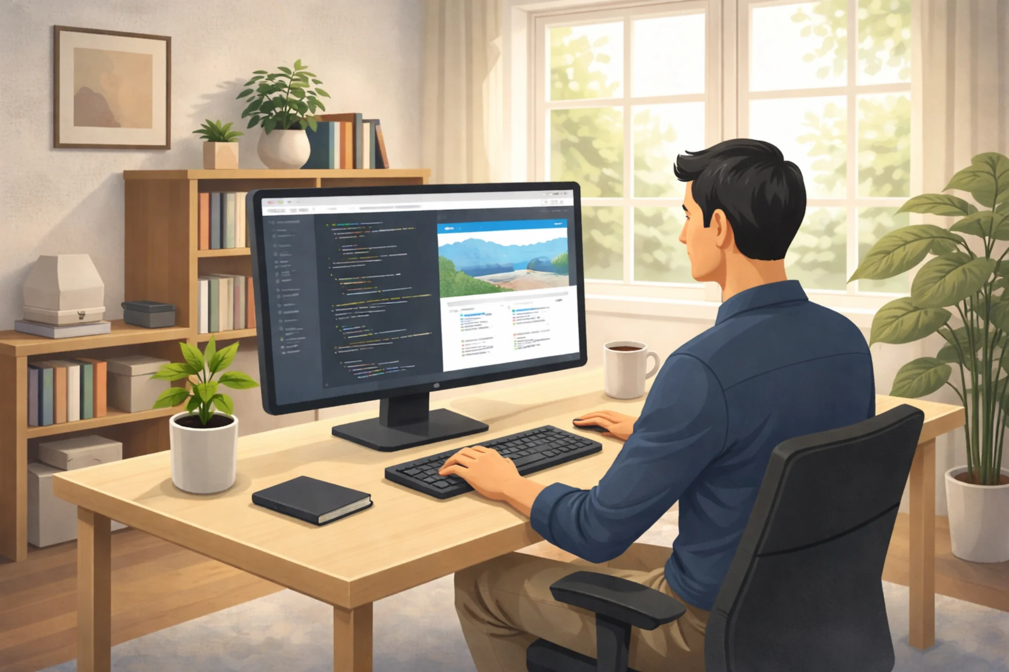 billeder der illustrrere mig Mikkel Lindbjerg som koder en Wordpress hjemmeside fra bunden uden brug af pagebuilder